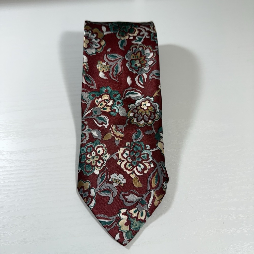 Vintage Fling‎ Men's Tie Maroon/Green/Gold Dloral 100% Polyester Made In USA